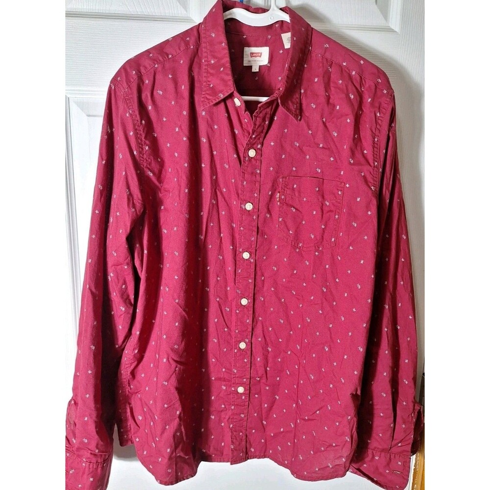 Levis Mens Long Sleeve Red Large Button Down Maroon Cotton Shirt White Geometric